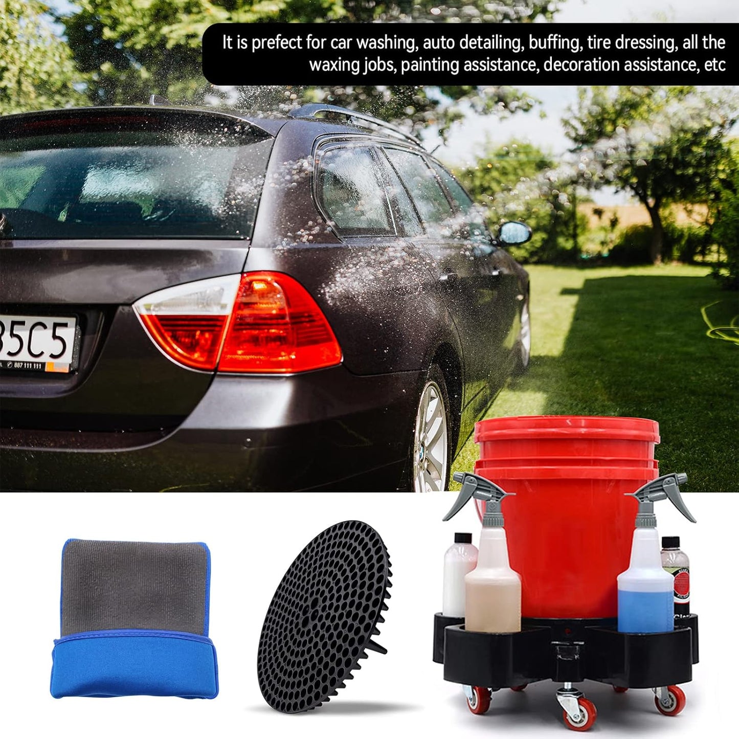 Car Wash Bucket Dolly, Movable Rolling Base with 5 Rolling Swivel Caster, Bucket Sediment Filter, Clay Mitt for Car Wash and Detailing, Easy Maneuverability, Fits Standard 20 Litre Buckets (NO Bucket)