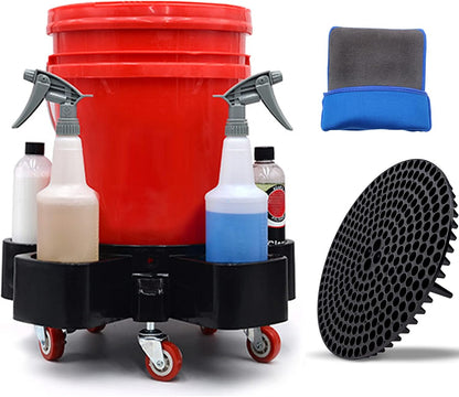Car Wash Bucket Dolly, Movable Rolling Base with 5 Rolling Swivel Caster, Bucket Sediment Filter, Clay Mitt for Car Wash and Detailing, Easy Maneuverability, Fits Standard 20 Litre Buckets (NO Bucket)