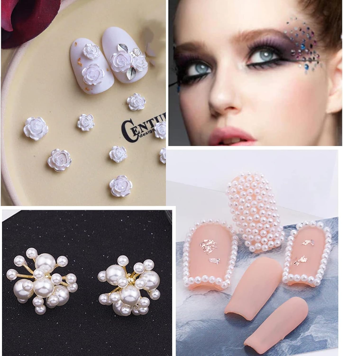 Nail Art Rhinestones and Pearls,2 Boxes Butterfly Bowknot Flower Nail Art Charms,Aurora Bear 3D Nail Art Decorations for Nail Art Design DIY Crafting Party Daily Wedding