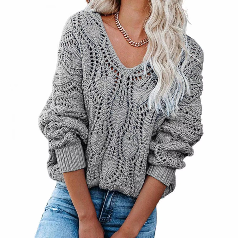 Casual Sweaters Solid V-Neck Sweater Women Loose Hollow Out Knitwear Female Autumn Winter Long Sleeve Pullovers Свитер Женский