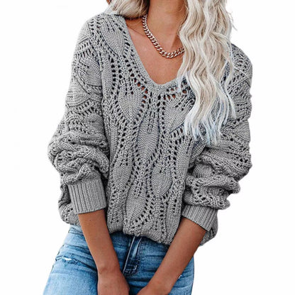Casual Sweaters Solid V-Neck Sweater Women Loose Hollow Out Knitwear Female Autumn Winter Long Sleeve Pullovers Свитер Женский