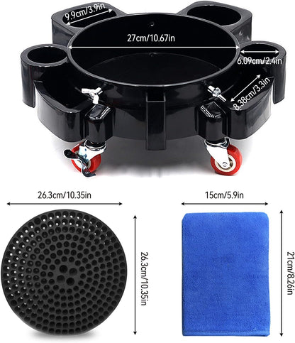 Car Wash Bucket Dolly, Movable Rolling Base with 5 Rolling Swivel Caster, Bucket Sediment Filter, Clay Mitt for Car Wash and Detailing, Easy Maneuverability, Fits Standard 20 Litre Buckets (NO Bucket)
