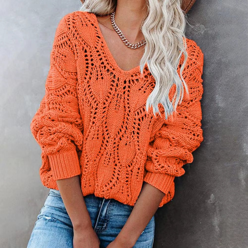 Casual Sweaters Solid V-Neck Sweater Women Loose Hollow Out Knitwear Female Autumn Winter Long Sleeve Pullovers Свитер Женский