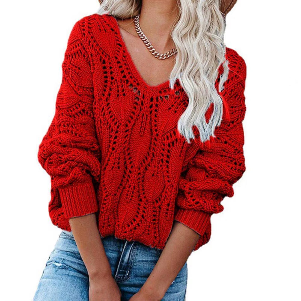 Casual Sweaters Solid V-Neck Sweater Women Loose Hollow Out Knitwear Female Autumn Winter Long Sleeve Pullovers Свитер Женский