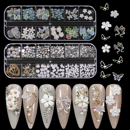 Nail Art Rhinestones and Pearls,2 Boxes Butterfly Bowknot Flower Nail Art Charms,Aurora Bear 3D Nail Art Decorations for Nail Art Design DIY Crafting Party Daily Wedding