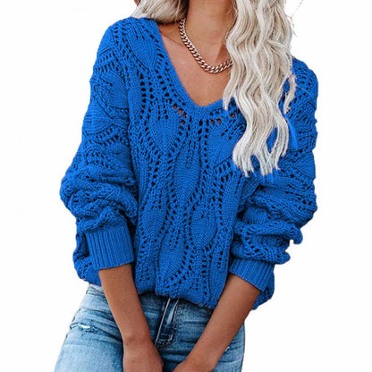 Casual Sweaters Solid V-Neck Sweater Women Loose Hollow Out Knitwear Female Autumn Winter Long Sleeve Pullovers Свитер Женский