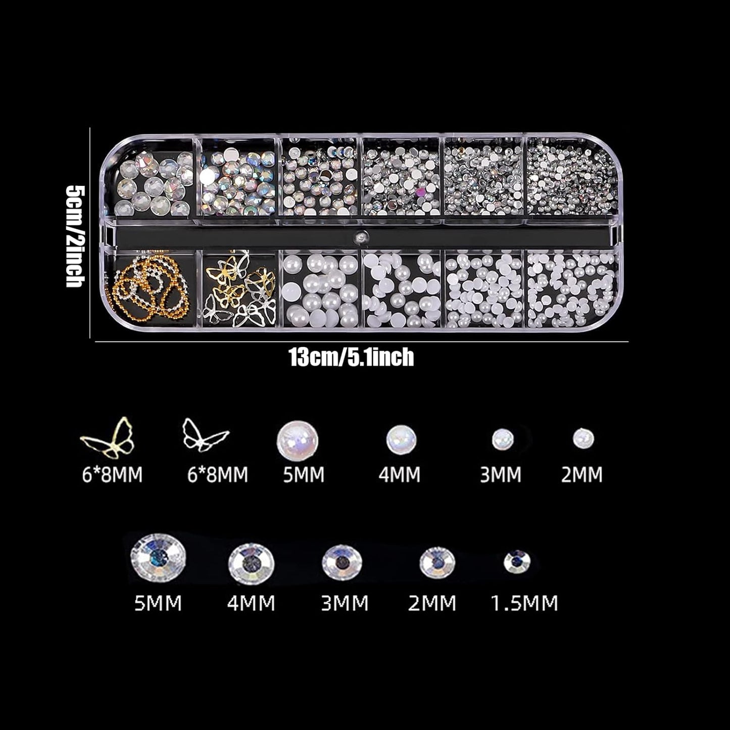 Nail Art Rhinestones and Pearls,2 Boxes Butterfly Bowknot Flower Nail Art Charms,Aurora Bear 3D Nail Art Decorations for Nail Art Design DIY Crafting Party Daily Wedding