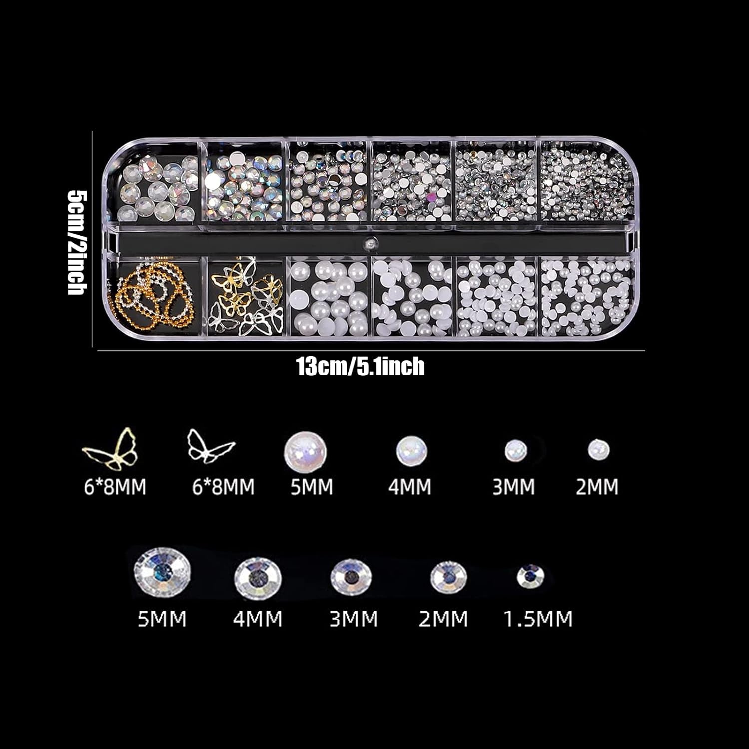 Nail Art Rhinestones and Pearls,2 Boxes Butterfly Bowknot Flower Nail Art Charms,Aurora Bear 3D Nail Art Decorations for Nail Art Design DIY Crafting Party Daily Wedding